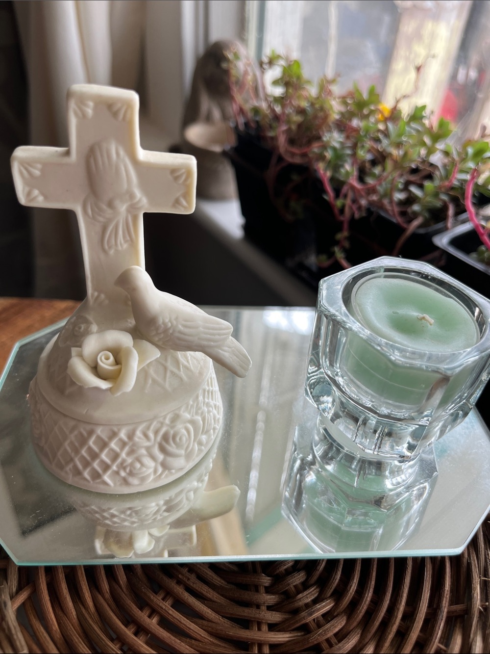 Ivory Ceramic Cross Trinket Box with Dove and Rose - Picture 1 of 9